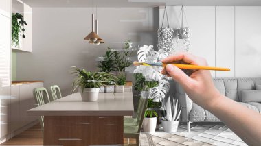 Proje taslağı, şehir orman tarzında modern mutfak ve oturma odasının taslağı, tasarım konsepti fikri, kanepe ve ev bitkileri, biyofilik