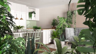 Orman iskeleti, biyofilik fikir. Minimalist beyaz mutfak ve oturma odasının üzerinde bir sürü ev bitkisi olan tropik yapraklar. Kentsel orman iç tasarımı. Biyofili kavramı