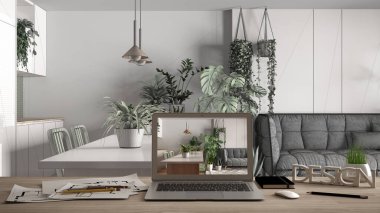 Mimari tasarımcı masaüstü konsepti, ahşap çalışma masasında iç tasarım projesini gösteren dizüstü bilgisayar, taslak arka planı, modern mutfak, yemek masası olan oturma odası