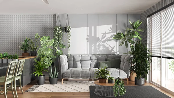 Urban jungle, kitchen and living room in white and gray tones. Dining table, parquet floor and houseplants. Home garden interior design. Love for plants concept