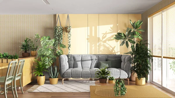 Urban jungle, kitchen and living room in white and yellow tones. Dining table, parquet floor and houseplants. Home garden interior design. Love for plants concept