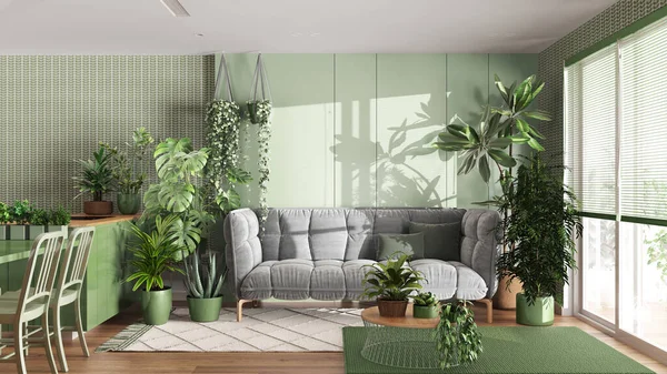 城市丛林 厨房和客厅 色调是白色和绿色的 花束地板和室内植物 家庭花园室内设计 爱恋植物的概念 — 图库照片
