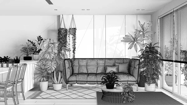 Blaupause Unvollendeter Projektentwurf Urbaner Dschungel Küche Und Wohnzimmer Esstisch Parkettboden — Stockfoto