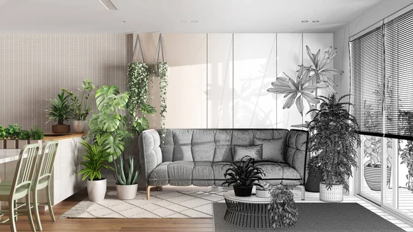 建筑师室内设计理念 手绘草稿未完成的工程 成为现实 城市丛林 厨房和客厅 家庭花园风格 爱恋植物的概念 — 图库照片