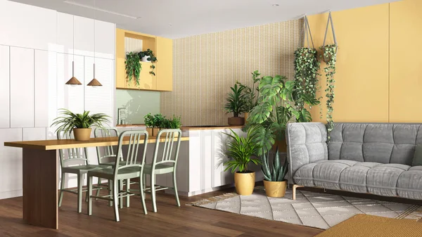 Urban jungle, kitchen and living room in white and yellow tones. Dining table, sofa and houseplants. Home garden interior design. Biophilia concept