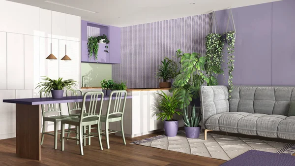 Urban jungle, kitchen and living room in white and purple tones. Dining table, sofa and houseplants. Home garden interior design. Biophilia concept