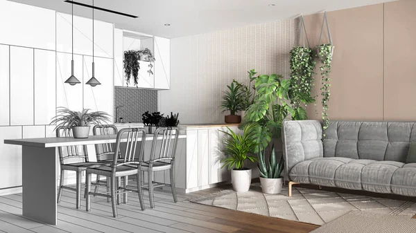 Architect interior designer concept: hand-drawn draft unfinished project that becomes real, urban jungle, kitchen and living room. Home garden interior design. Biophilia concept