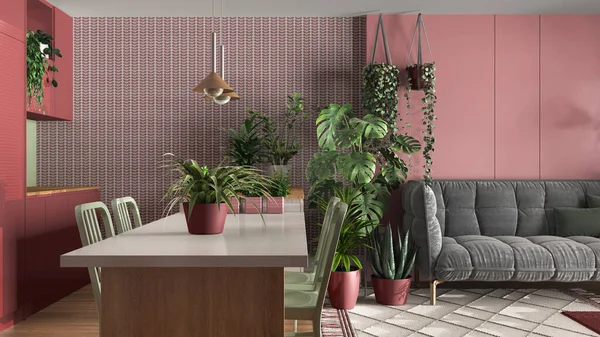 Urban jungle, kitchen with island and living room in white and red tones. Sofa , carpet and houseplants. Home garden interior design. Biophilia concept