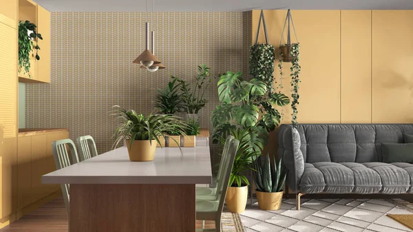 Urban jungle, kitchen with island and living room in white and yellow tones. Sofa , carpet and houseplants. Home garden interior design. Biophilia concept