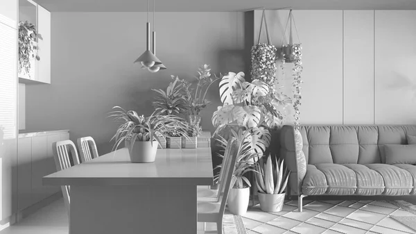 Total white project draft, urban jungle, kitchen with island and living room. Sofa , carpet and houseplants. Home garden interior design. Biophilia concept