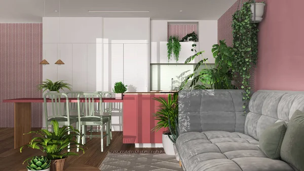 Urban jungle, living room with sofa and dining room in white and red tones. Kitchen, carpet and houseplants. Home garden interior design. Biophilia concept