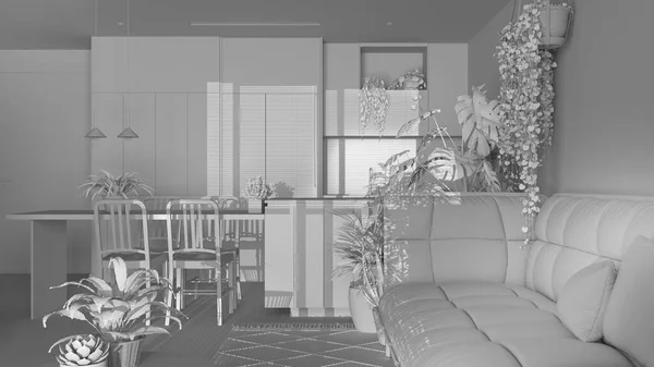 総白のプロジェクトの草案は 都市のジャングル ソファとダイニングルームとリビングルーム キッチン カーペット 観葉植物 ホームガーデンインテリアデザイン バイオフィリアの概念 — ストック写真