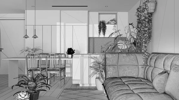 Blueprint unfinished project draft, urban jungle, living room with sofa and dining room. Kitchen, carpet and houseplants. Home garden interior design. Biophilia concept