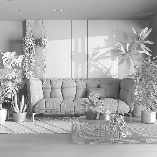 全白工程草案 城市丛林 客厅与沙发 有餐桌 花束地板和室内植物的地毯 家庭花园室内设计 爱恋植物的概念 — 图库照片