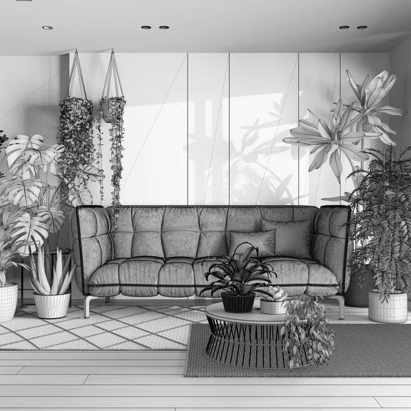 Plan Projektu Niedokończony Miejska Dżungla Salon Sofą Dywany Stołem Parkietem — Zdjęcie stockowe