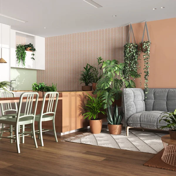 Home garden, dining and living room in white and orange tones. Island with chairs, parquet and mani houseplants. Urban jungle interior design. Biophilia concept