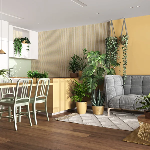 Home garden, dining and living room in white and yellow tones. Island with chairs, parquet and mani houseplants. Urban jungle interior design. Biophilia concept