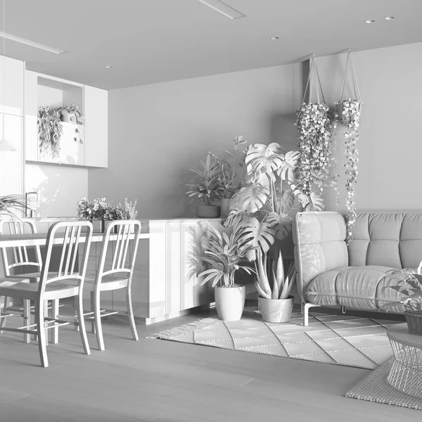 全白工程草案 家庭花园 餐厅和客厅 岛上有椅子 花束和曼尼室内植物 城市丛林室内设计 生物癖概念 — 图库照片