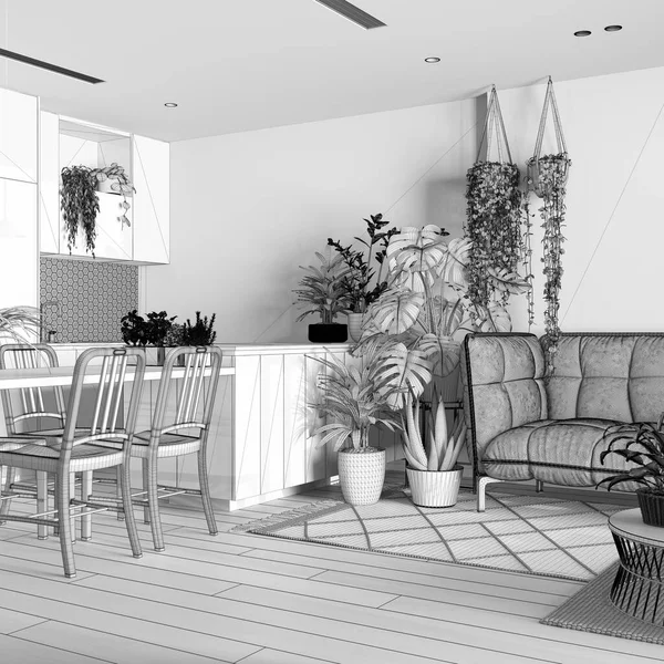 未完成の青写真プロジェクトの草案 自宅の庭 ダイニング リビングルーム 寄木細工 マニ観葉植物と島 都会のジャングルインテリアデザイン バイオフィリアの概念 — ストック写真