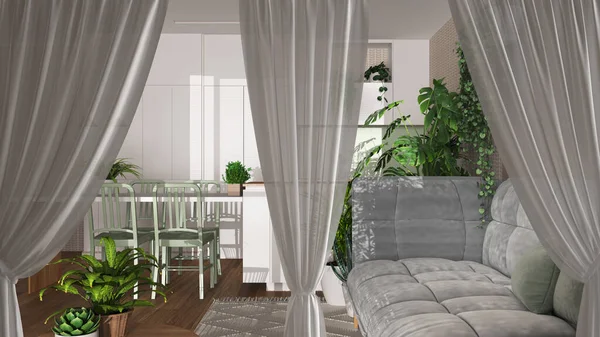 Bílé Otvory Záclony Překrývají Obývací Pokoj Kuchyň Zázemí Interiérového Designu — Stock fotografie