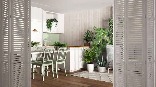 可持续餐厅和客厅的白色折叠门敞开 有许多盆栽植物 建筑师概念 城市丛林室内设计 — 图库照片