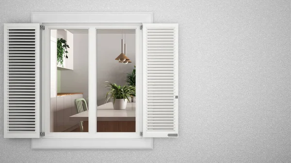 Exterior Plaster Wall White Window Shutters Showing Interior Living Room — 스톡 사진