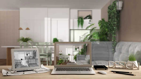 Αρχιτεκτονική Designer Desktop Concept Laptop Και Tablet Ξύλινο Γραφείο Οθόνη — Φωτογραφία Αρχείου