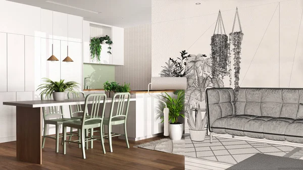 Paint roller painting interior design blueprint sketch background while the space becomes real showing living room, kitchen. Before and after concept, urban jungle interior design