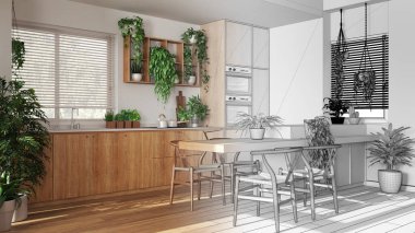 Mimari iç mimar konsepti: elle çizilmiş, tamamlanmamış bir proje, biyofili, birçok ev bitkisine sahip ahşap mutfak. Şehir ormanı fikri