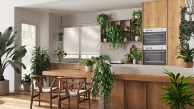 Beyaz ve bej tonlarda, adalı ve sandalyeli modern ahşap mutfak. Biyofilik konsept, birçok ev bitkisi. Kentsel orman iç tasarımı