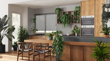 Ada ve sandalyeli, beyaz ve gri tonlarda modern ahşap mutfak. Biyofilik konsept, birçok ev bitkisi. Kentsel orman iç tasarımı