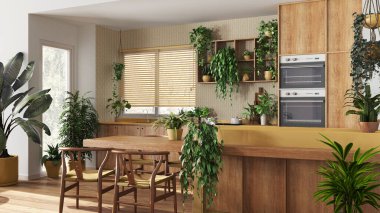 Beyaz ve sarı tonlarda, adalı ve sandalyeli modern ahşap mutfak. Biyofilik konsept, birçok ev bitkisi. Kentsel orman iç tasarımı