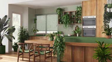 Ada ve sandalyeli, beyaz ve yeşil tonlarda modern ahşap mutfak. Biyofilik konsept, birçok ev bitkisi. Kentsel orman iç tasarımı