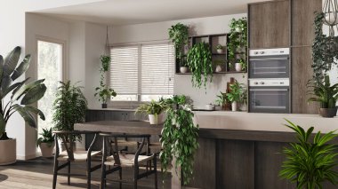 Beyaz ve bej tonlarda, adalı ve sandalyeli modern, koyu renk ahşap mutfak. Biyofilik konsept, birçok ev bitkisi. Kentsel orman iç tasarımı