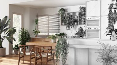 Mimar iç mimar konsepti: elle çizilmiş tamamlanmamış proje gerçek, modern ahşap mutfak haline geliyor. Biyofilik konsept, birçok ev bitkisi. Kentsel orman tarzı