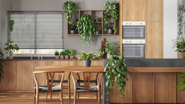 Minimum ahşap mutfak, beyaz ve gri tonlarda, adalı, sandalyeli ve aletli. Biyofilik konsept, birçok ev bitkisi. Kentsel orman iç tasarımı