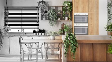 Mimar iç mimar konsepti: elle çizilmiş tamamlanmamış proje gerçek, en az ahşap mutfak haline geliyor. Biyofilik konsept, ev bitkileri. Kentsel orman iç tasarımı