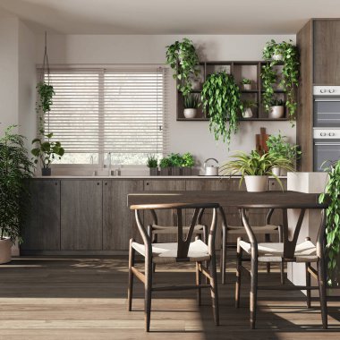 Adalı, sandalyeli, pencereli ve aletli beyaz ve bej renkli modern siyah ahşap mutfak. Biyofilik konsept, birçok ev bitkisi. Kentsel orman iç tasarımı