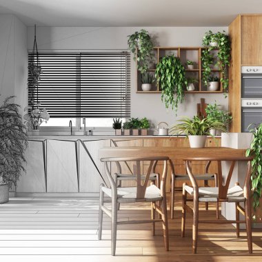 Mimar iç mimar konsepti: elle çizilmiş tamamlanmamış proje gerçek, modern ahşap mutfak haline geliyor. Biyofilik konsept, birçok ev bitkisi. Kentsel orman iç tasarımı