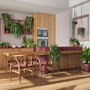 Beyaz ve kırmızı tonlarda ahşap mutfak, ada ve sandalyeler. Alet edevatlı dolaplar. Bitki konseptine bayılırım. Modern kentsel orman iç tasarımı