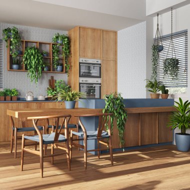 Adayı ve sandalyeleri olan beyaz ve mavi tonlarda ahşap mutfak. Alet edevatlı dolaplar. Bitki konseptine bayılırım. Modern kentsel orman iç tasarımı