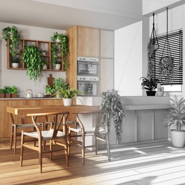 Mimari iç mimar konsepti: elle çizilmiş tamamlanmamış proje gerçek, ahşap mutfak haline geliyor. Bitki konseptine bayılırım. Modern kentsel orman iç tasarımı