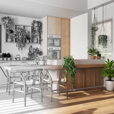 Mimari iç mimar konsepti: elle çizilmiş tamamlanmamış proje gerçek, ahşap mutfak haline geliyor. Bitki konseptine bayılırım. Modern kentsel orman iç tasarımı