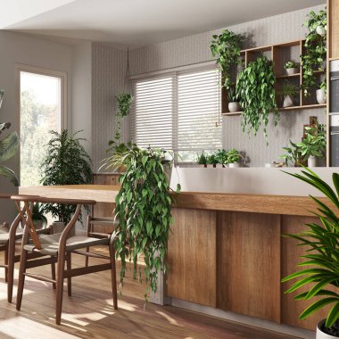 Adalı, sandalyeli, pencereli ve aletli beyaz ve bej renkli modern ahşap mutfak. Bitki konseptine olan sevgi, birçok ev bitkisi. Kentsel orman iç tasarımı