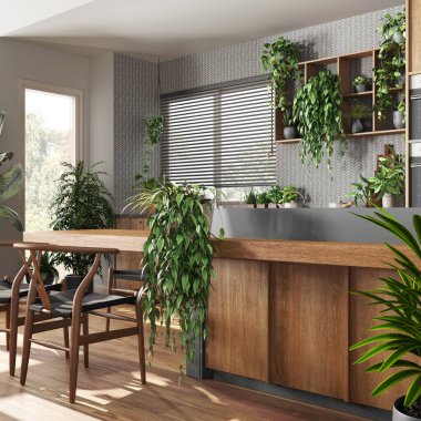 Adalı, sandalyeli, pencereli, beyaz ve gri tonlarda modern ahşap mutfak. Bitki konseptine olan sevgi, birçok ev bitkisi. Kentsel orman iç tasarımı