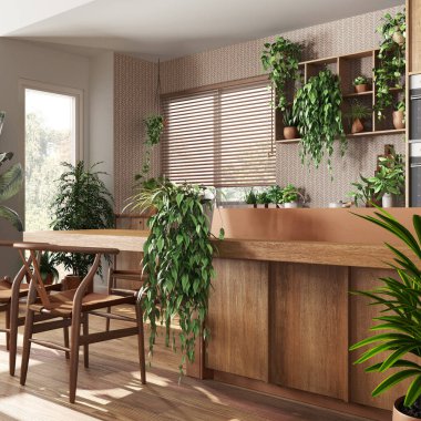 Beyaz ve turuncu tonlarda modern ahşap mutfak, ada, sandalye, pencere ve aletler. Bitki konseptine olan sevgi, birçok ev bitkisi. Kentsel orman iç tasarımı