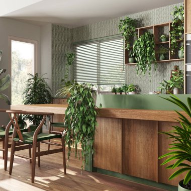 Adalı, sandalyeli, pencereli, beyaz ve yeşil tonlarda modern ahşap mutfak. Bitki konseptine olan sevgi, birçok ev bitkisi. Kentsel orman iç tasarımı
