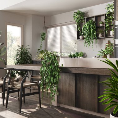 Adayı, sandalyeleri, pencereleri ve aletleri olan beyaz ve bej renkte koyu ahşap bir mutfak. Bitki konseptine olan sevgi, birçok ev bitkisi. Kentsel orman iç tasarımı