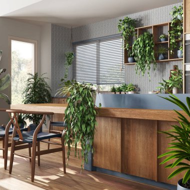 Adalı, sandalyeli, pencereli, beyaz ve mavi tonlarda modern ahşap mutfak. Bitki konseptine olan sevgi, birçok ev bitkisi. Kentsel orman iç tasarımı