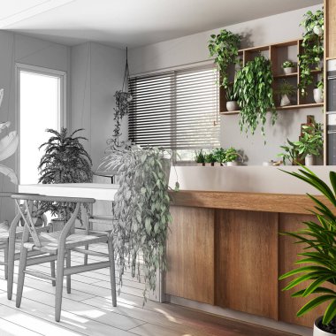 Mimari iç mimar konsepti: elle çizilmiş tamamlanmamış proje gerçek, ahşap mutfak haline geliyor. Bitki konseptine olan sevgi, birçok ev bitkisi. Kentsel orman iç tasarımı